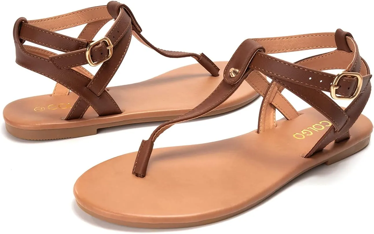 Colgo Thong Flat Sandals, Casual Women T-Strap Dress Sandals with Adjustable Ankle Buckle for Summer Wedding