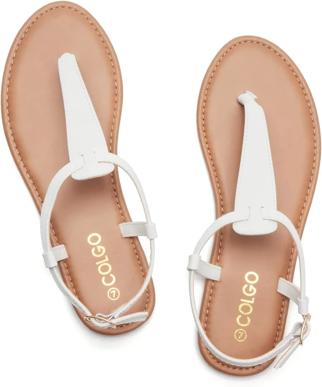 Colgo Thong Flat Sandals, Casual Women T-Strap Dress Sandals with Adjustable Ankle Buckle for Summer Wedding