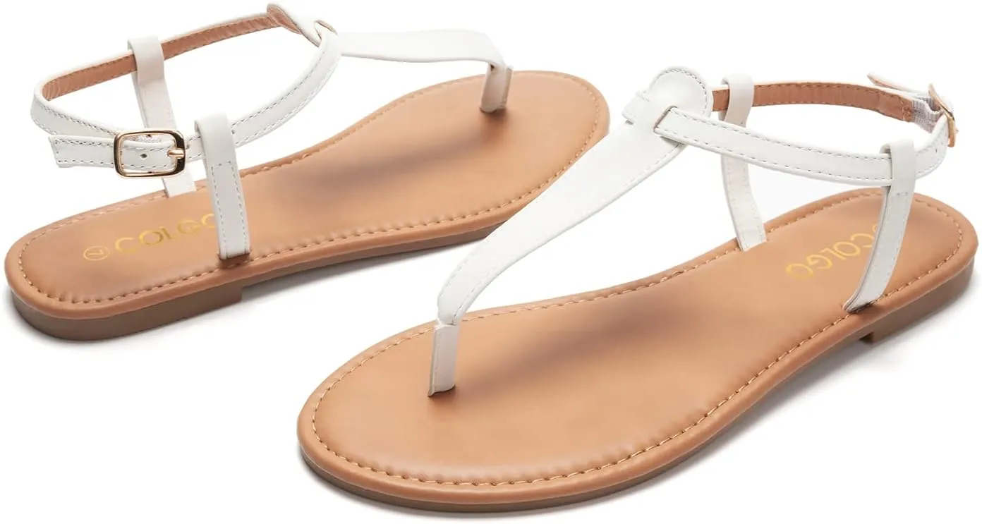 Colgo Thong Flat Sandals, Casual Women T-Strap Dress Sandals with Adjustable Ankle Buckle for Summer Wedding