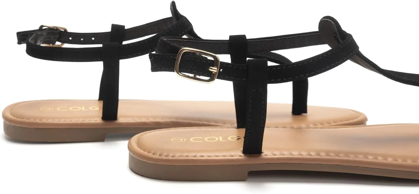 Colgo Thong Flat Sandals, Casual Women T-Strap Dress Sandals with Adjustable Ankle Buckle for Summer Wedding