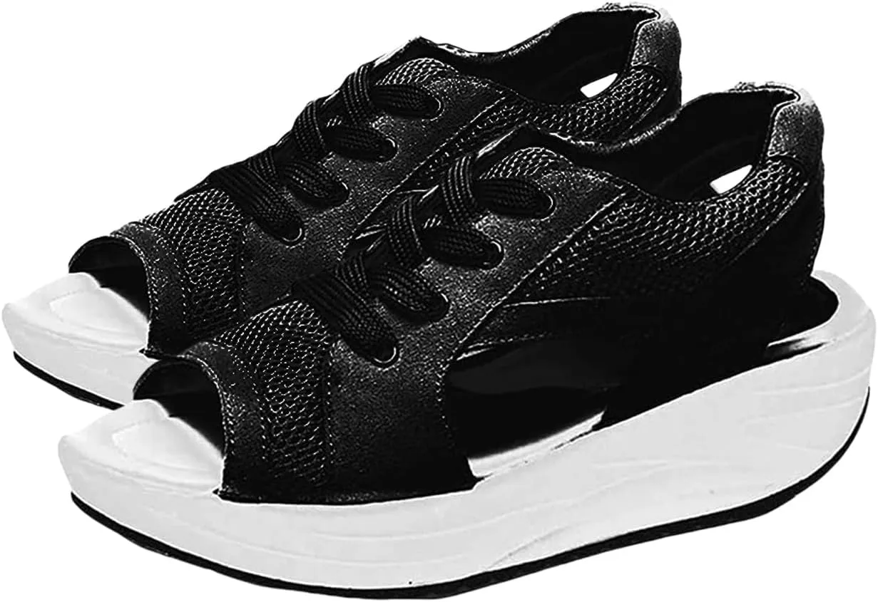 Contrast Paneled Cutout Lace-Up Muffin Sandals,Women Causal Summer Toe Platform Sneaker Shoes,Sandals Lace Up Muffin Sandals for Women