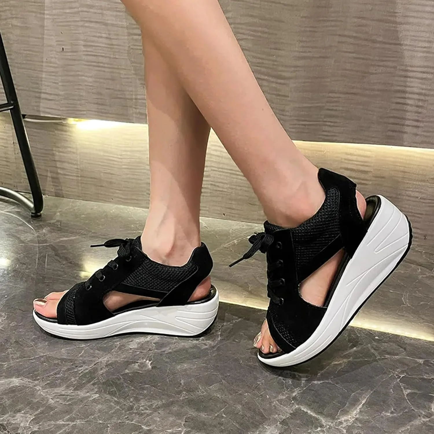Contrast Paneled Cutout Lace-Up Muffin Sandals,Women Causal Summer Toe Platform Sneaker Shoes,Sandals Lace Up Muffin Sandals for Women