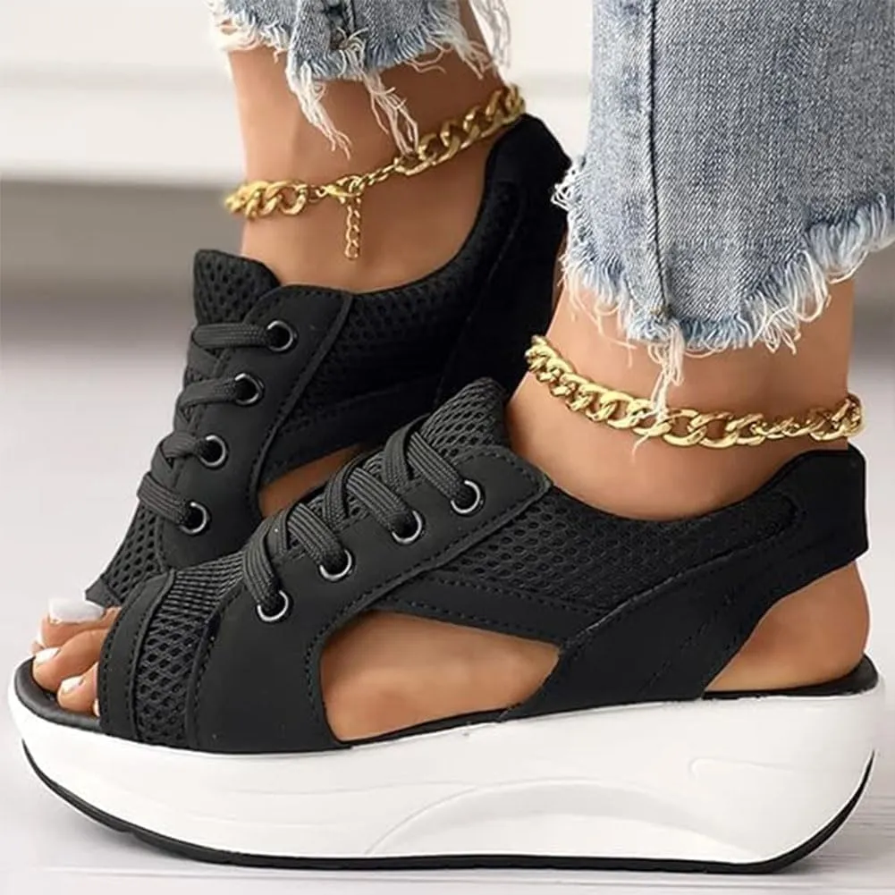 Contrast Paneled Cutout Lace-Up Muffin Sandals,Women Causal Summer Toe Platform Sneaker Shoes,Sandals Lace Up Muffin Sandals for Women