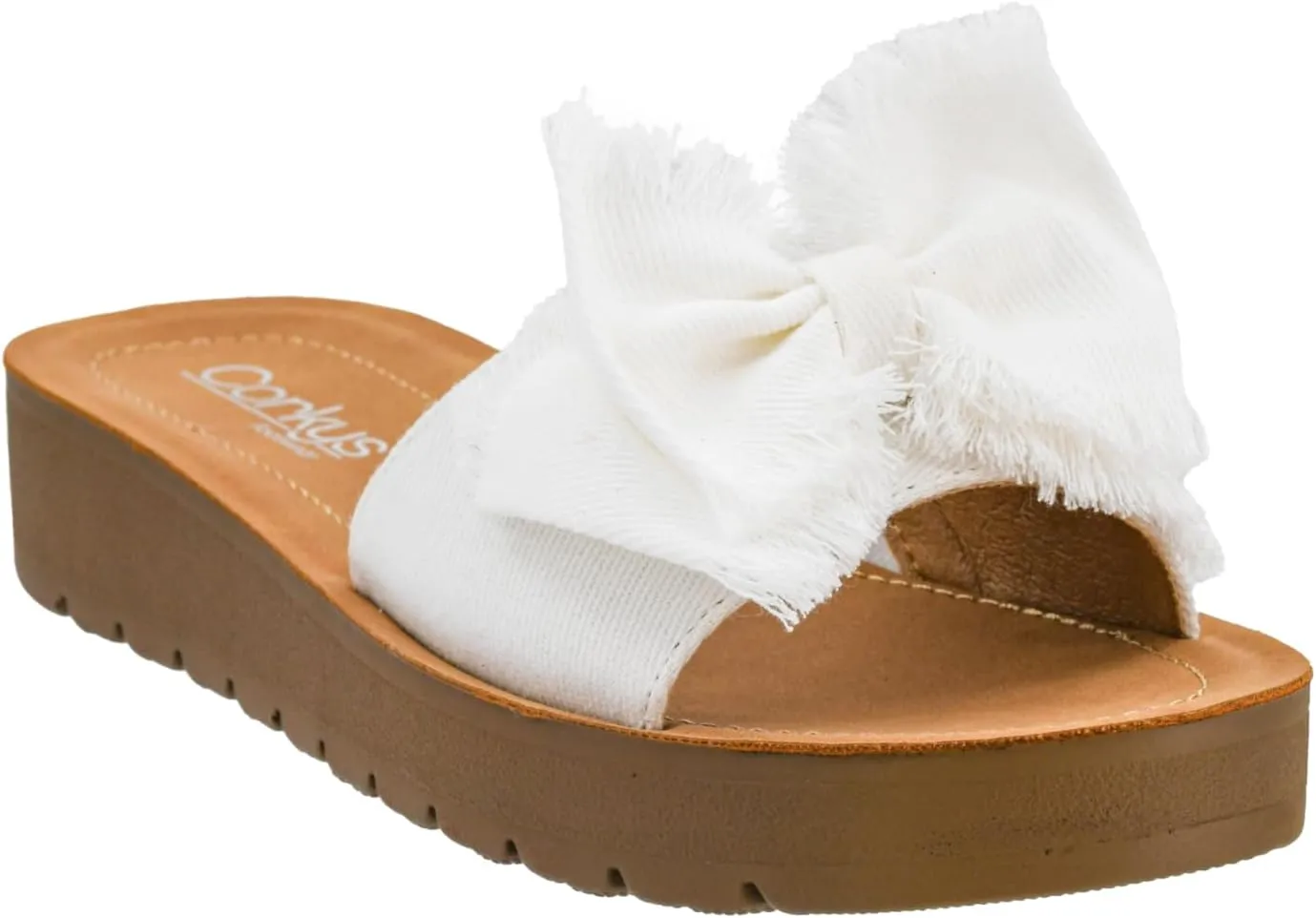 Corkys Footwear Spray Tan Sandal - Comfortable And Cushioned Insoles, Wide Strap with Bow, Frayed Edges On Upper, Open Toe, Easy And Convenient Slip-On Design