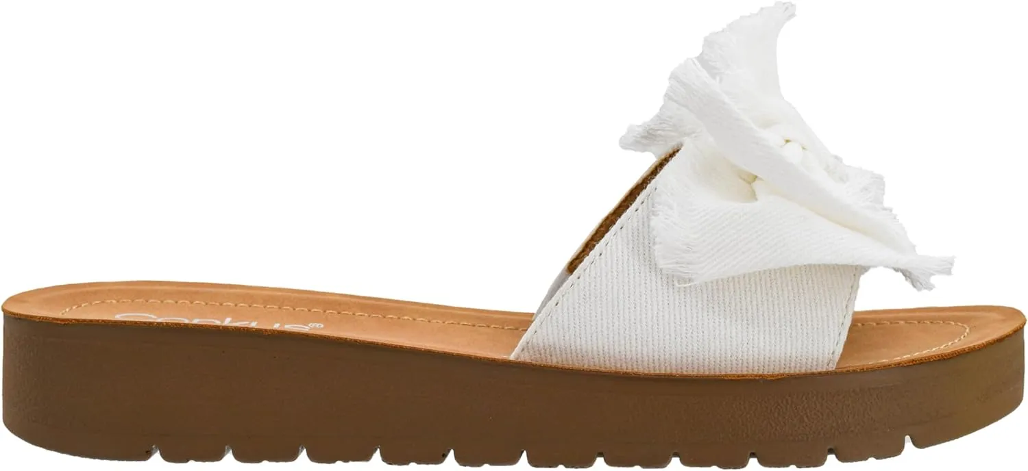 Corkys Footwear Spray Tan Sandal - Comfortable And Cushioned Insoles, Wide Strap with Bow, Frayed Edges On Upper, Open Toe, Easy And Convenient Slip-On Design