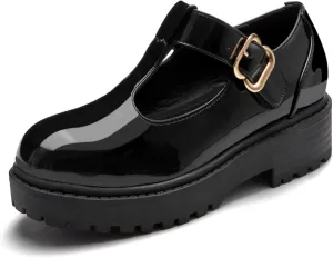 Coutgo Girls Mary Jane Dress Shoes Platform Loafers School Uniform Chunky Heel Closed Toe T-Strap Flats