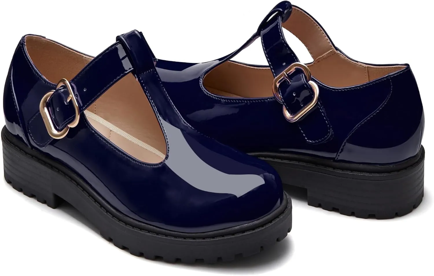 Coutgo Girls Mary Jane Dress Shoes Platform Loafers School Uniform Chunky Heel Closed Toe T-Strap Flats