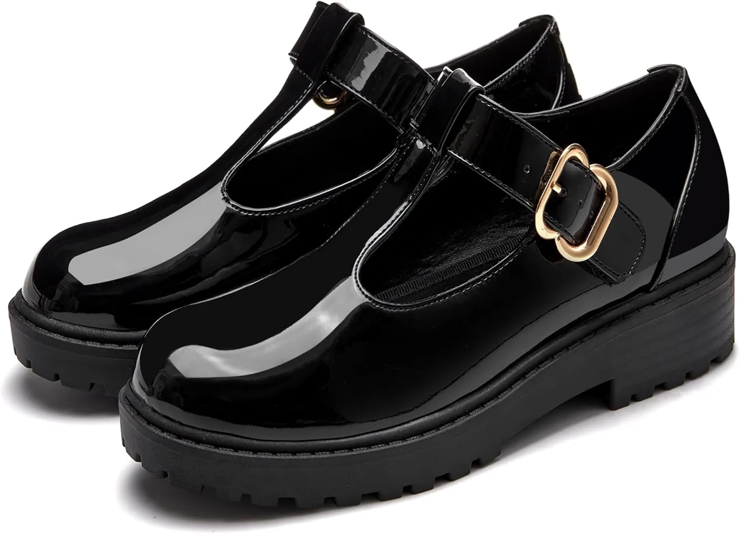 Coutgo Girls Mary Jane Dress Shoes Platform Loafers School Uniform Chunky Heel Closed Toe T-Strap Flats