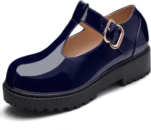 Coutgo Girls Mary Jane Dress Shoes Platform Loafers School Uniform Chunky Heel Closed Toe T-Strap Flats