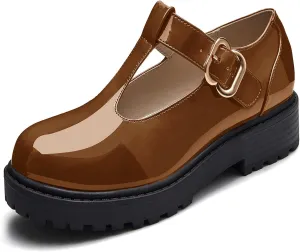 Coutgo Girls Mary Jane Dress Shoes Platform Loafers School Uniform Chunky Heel Closed Toe T-Strap Flats
