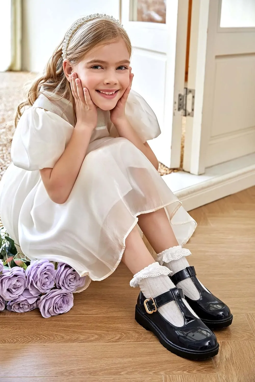 Coutgo Girls Mary Jane Dress Shoes Platform Loafers School Uniform Chunky Heel Closed Toe T-Strap Flats
