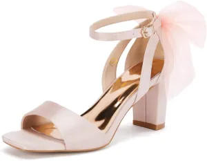 Coutgo Women's Bow Tie Heeled Sandals Chunky Heels One Strap Satin Ankle Buckle Dress Wedding Shoes