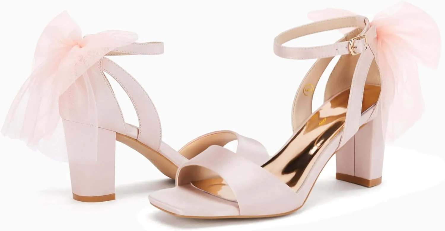 Coutgo Women's Bow Tie Heeled Sandals Chunky Heels One Strap Satin Ankle Buckle Dress Wedding Shoes