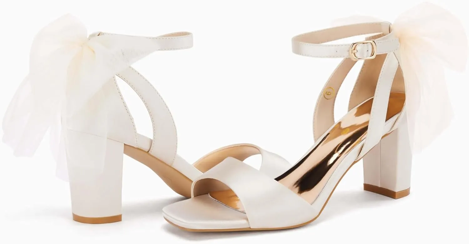 Coutgo Women's Bow Tie Heeled Sandals Chunky Heels One Strap Satin Ankle Buckle Dress Wedding Shoes