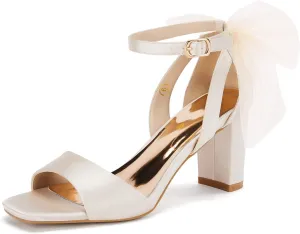 Coutgo Women's Bow Tie Heeled Sandals Chunky Heels One Strap Satin Ankle Buckle Dress Wedding Shoes