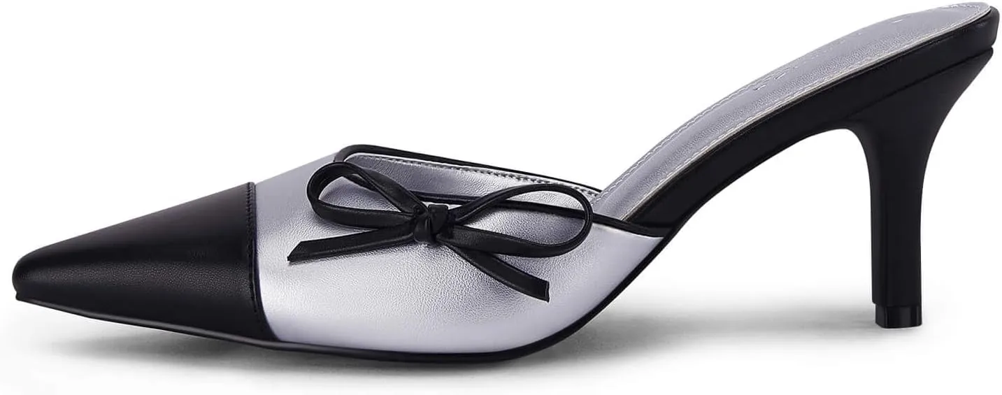 Coutgo Womens Bow Tie Mules Heels Two Tone Closed Pointed Toe Slip On Backless Wedding Dress Shoes Pumps