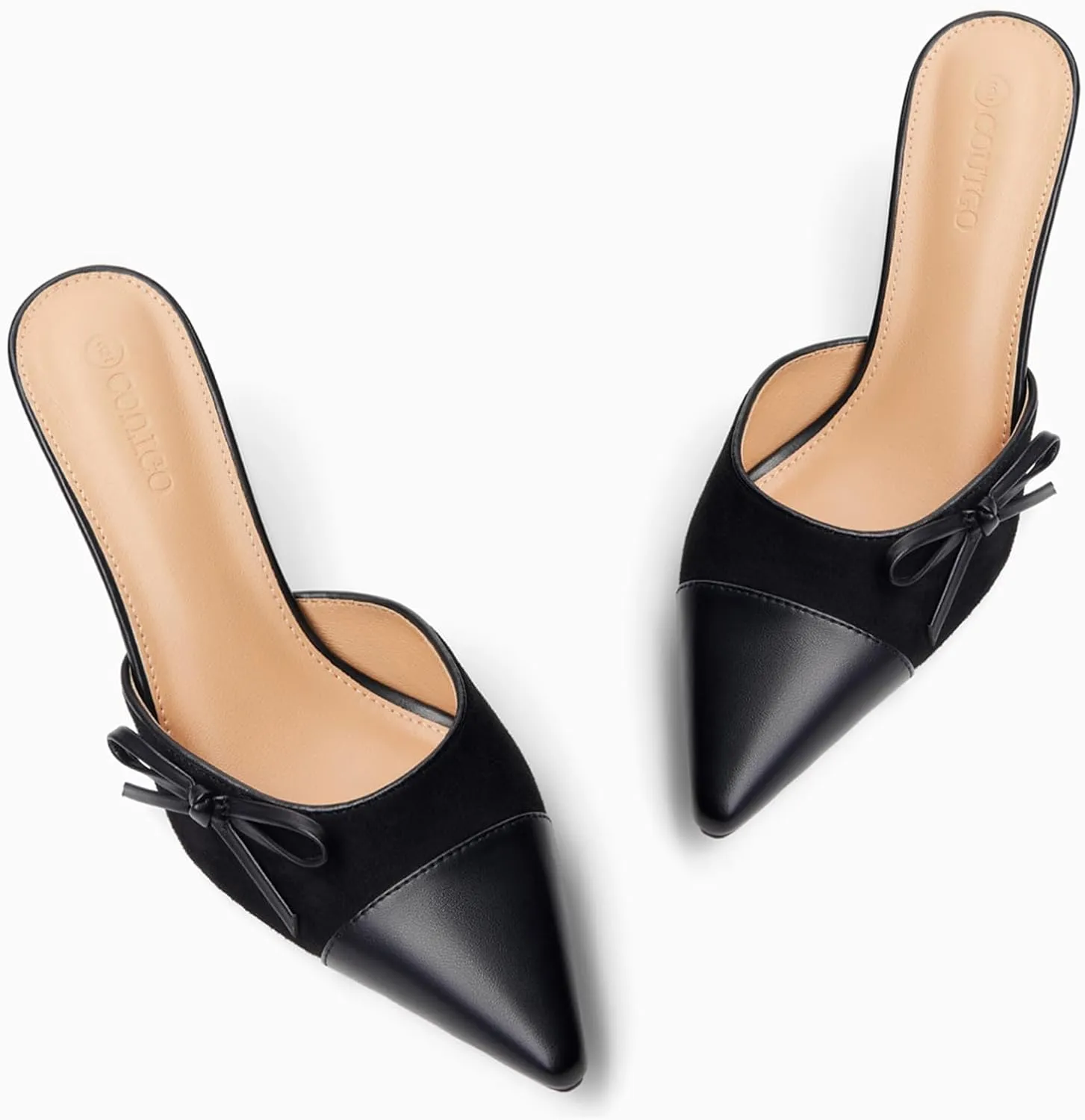 Coutgo Womens Bow Tie Mules Heels Two Tone Closed Pointed Toe Slip On Backless Wedding Dress Shoes Pumps