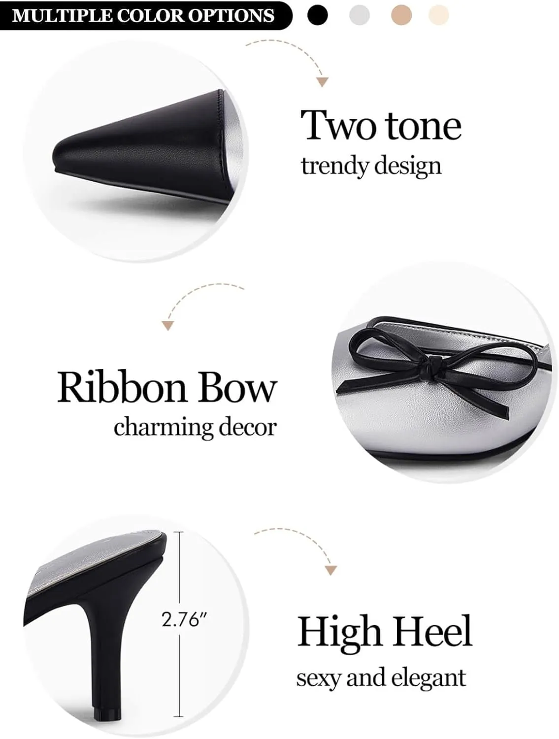 Coutgo Womens Bow Tie Mules Heels Two Tone Closed Pointed Toe Slip On Backless Wedding Dress Shoes Pumps