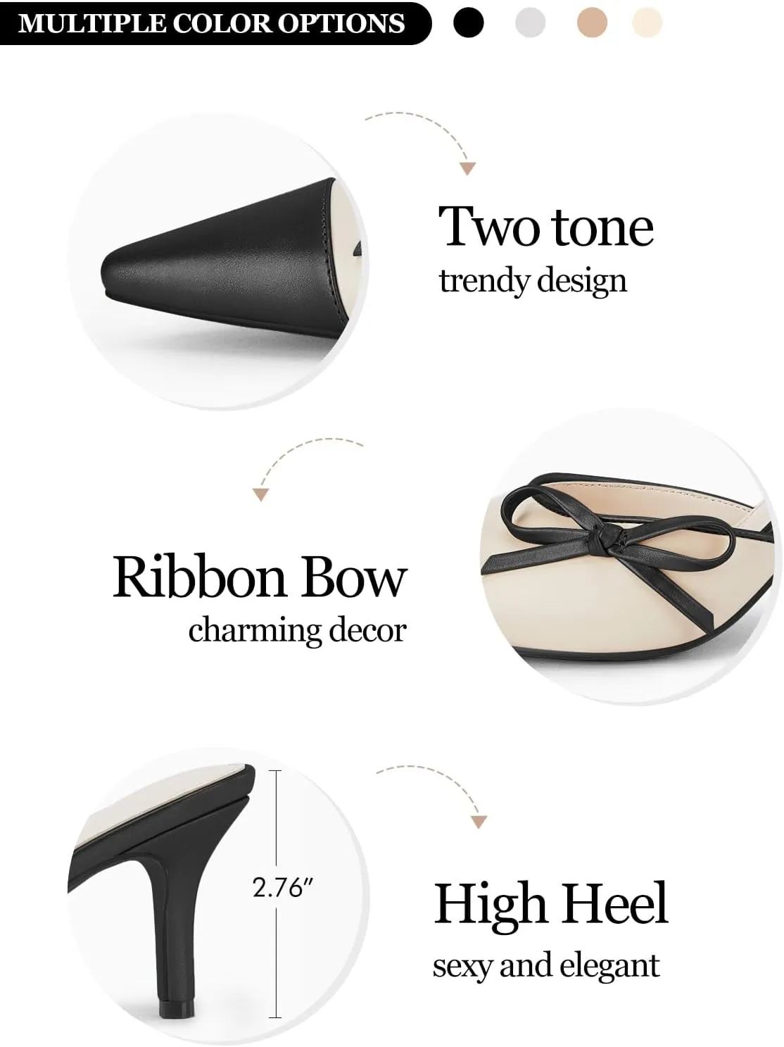 Coutgo Womens Bow Tie Mules Heels Two Tone Closed Pointed Toe Slip On Backless Wedding Dress Shoes Pumps
