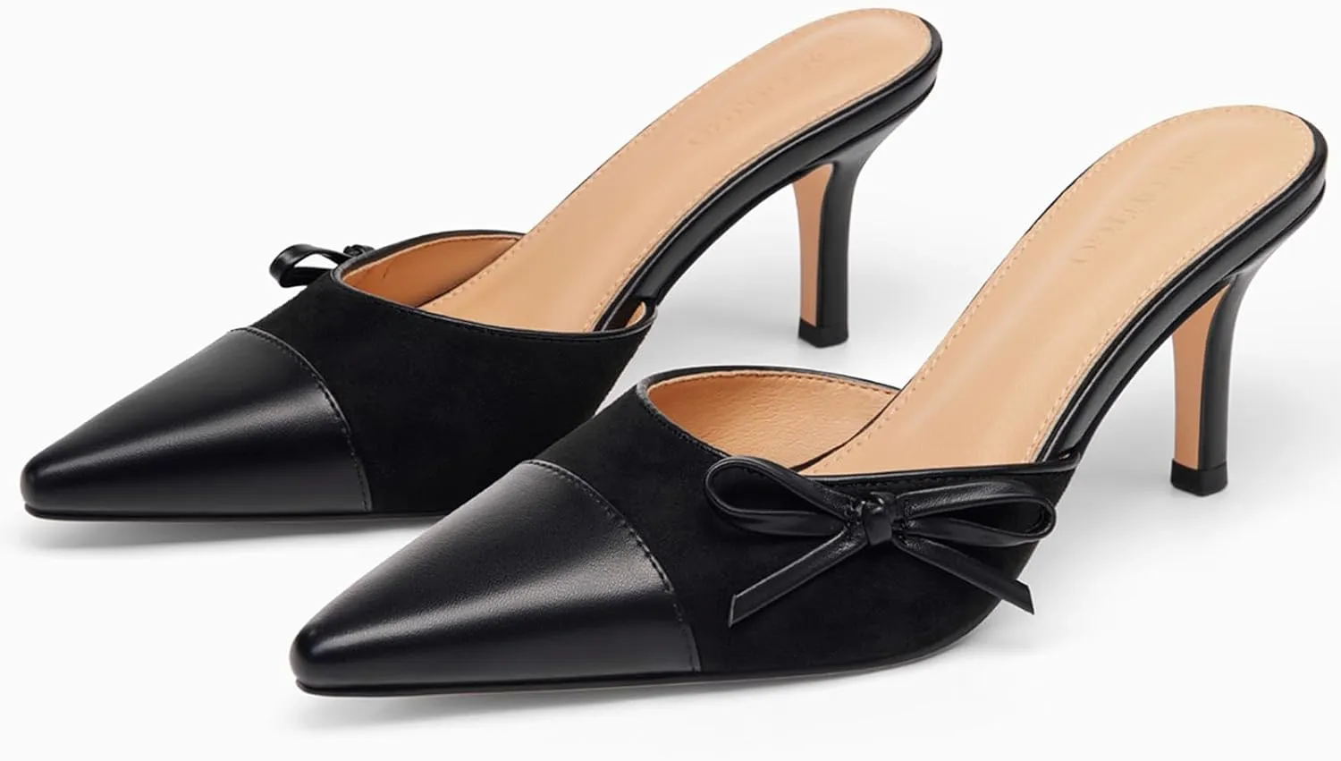 Coutgo Womens Bow Tie Mules Heels Two Tone Closed Pointed Toe Slip On Backless Wedding Dress Shoes Pumps