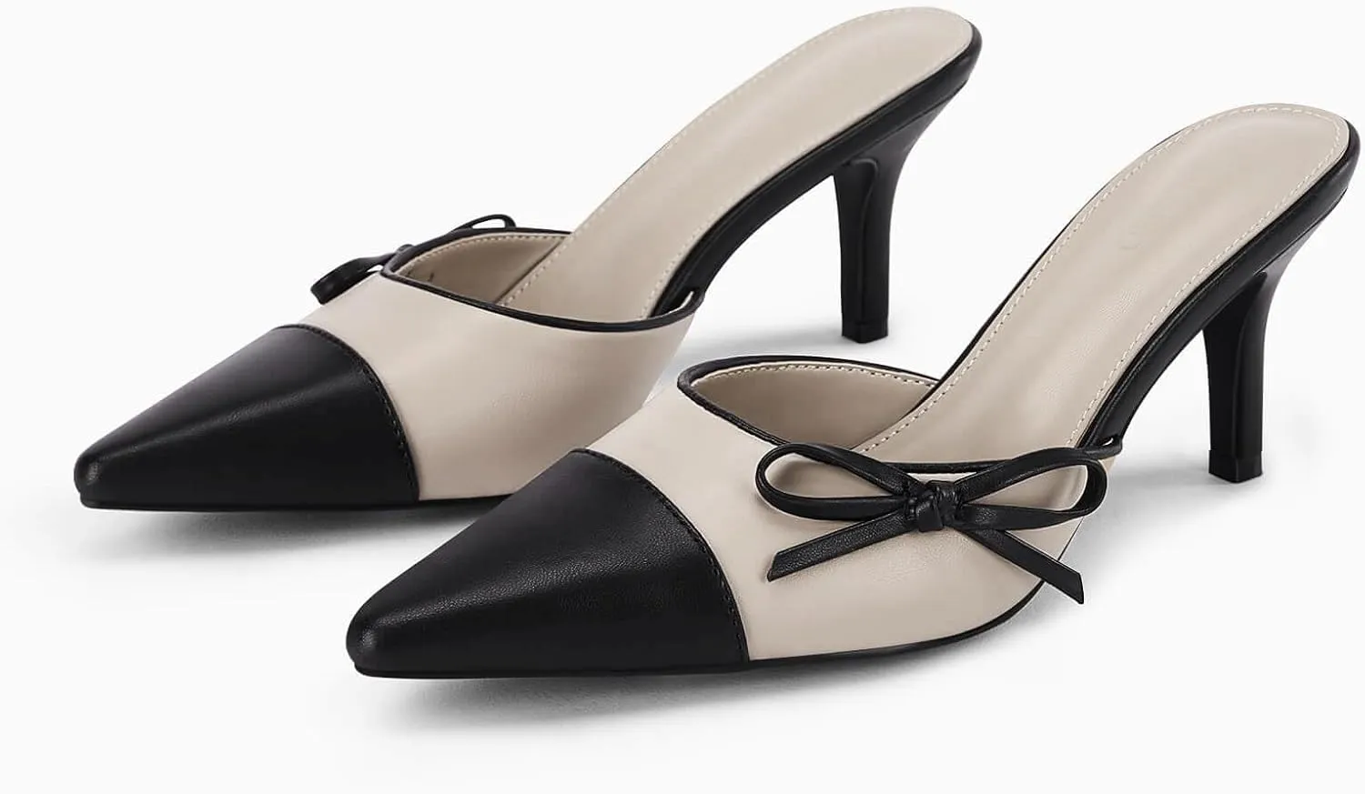 Coutgo Womens Bow Tie Mules Heels Two Tone Closed Pointed Toe Slip On Backless Wedding Dress Shoes Pumps
