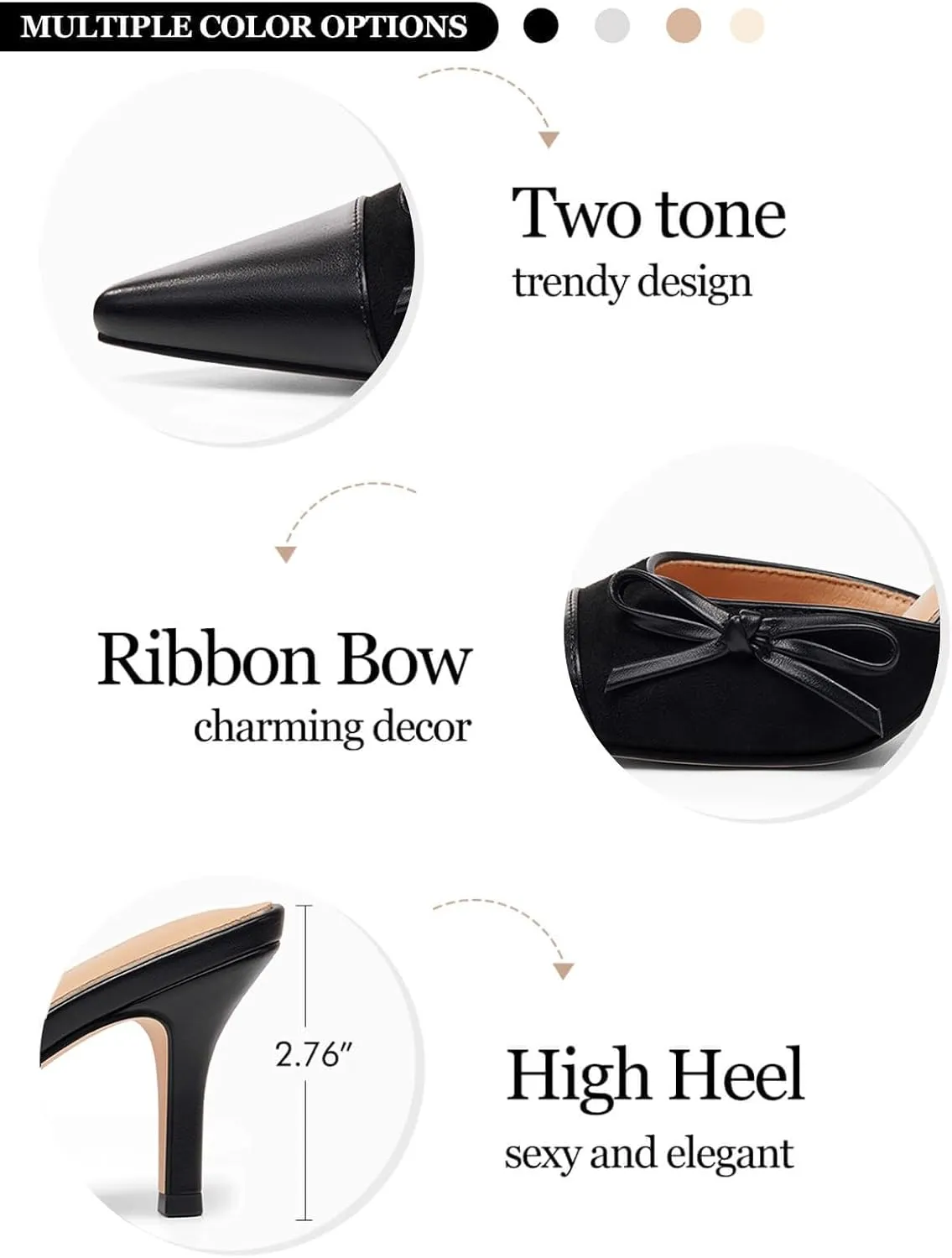 Coutgo Womens Bow Tie Mules Heels Two Tone Closed Pointed Toe Slip On Backless Wedding Dress Shoes Pumps