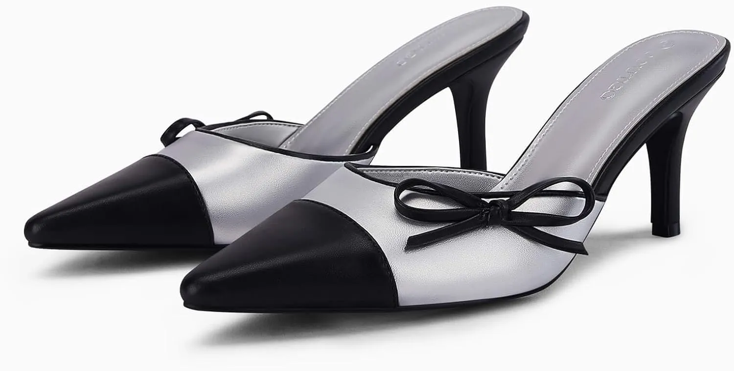 Coutgo Womens Bow Tie Mules Heels Two Tone Closed Pointed Toe Slip On Backless Wedding Dress Shoes Pumps