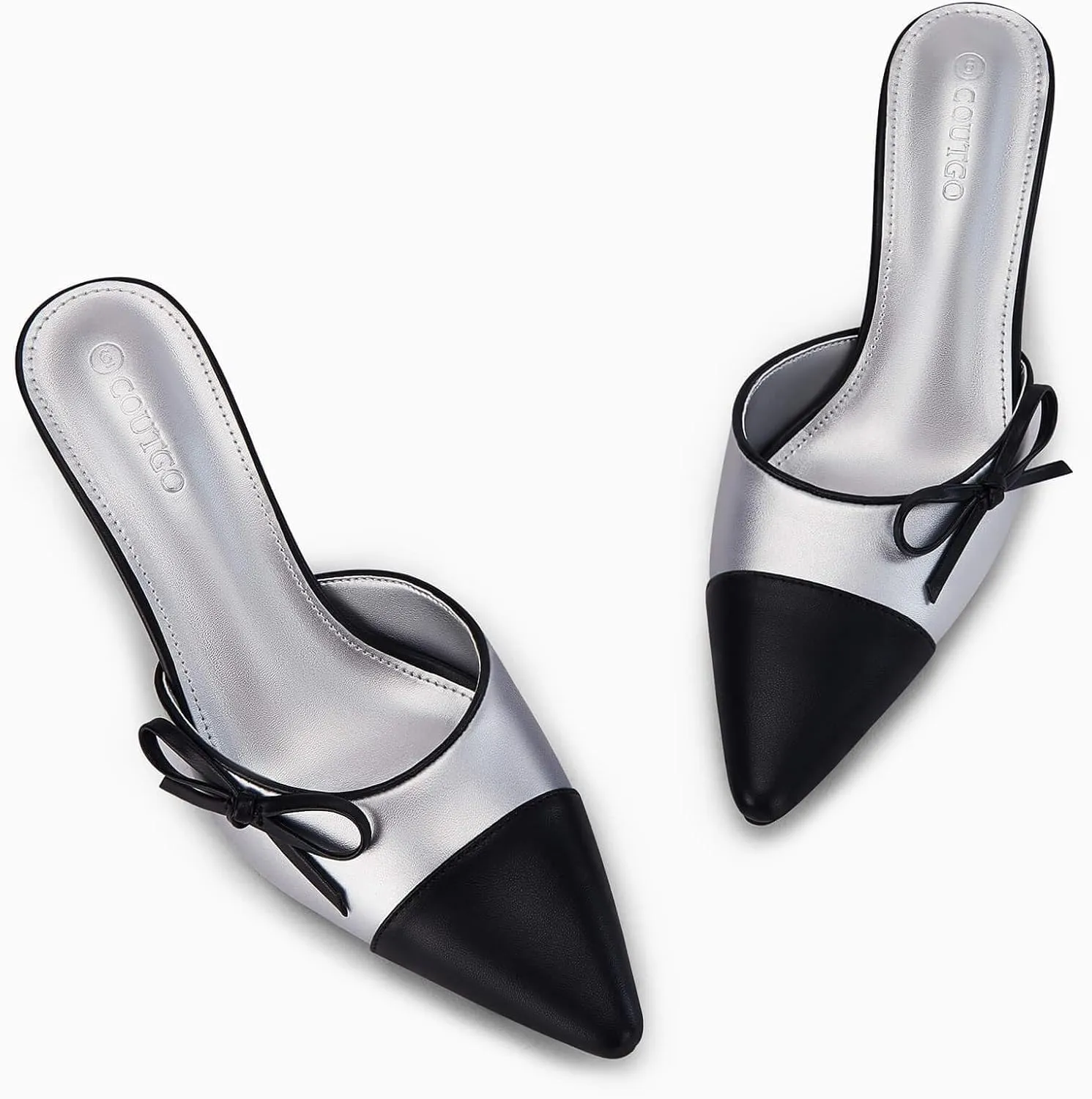 Coutgo Womens Bow Tie Mules Heels Two Tone Closed Pointed Toe Slip On Backless Wedding Dress Shoes Pumps