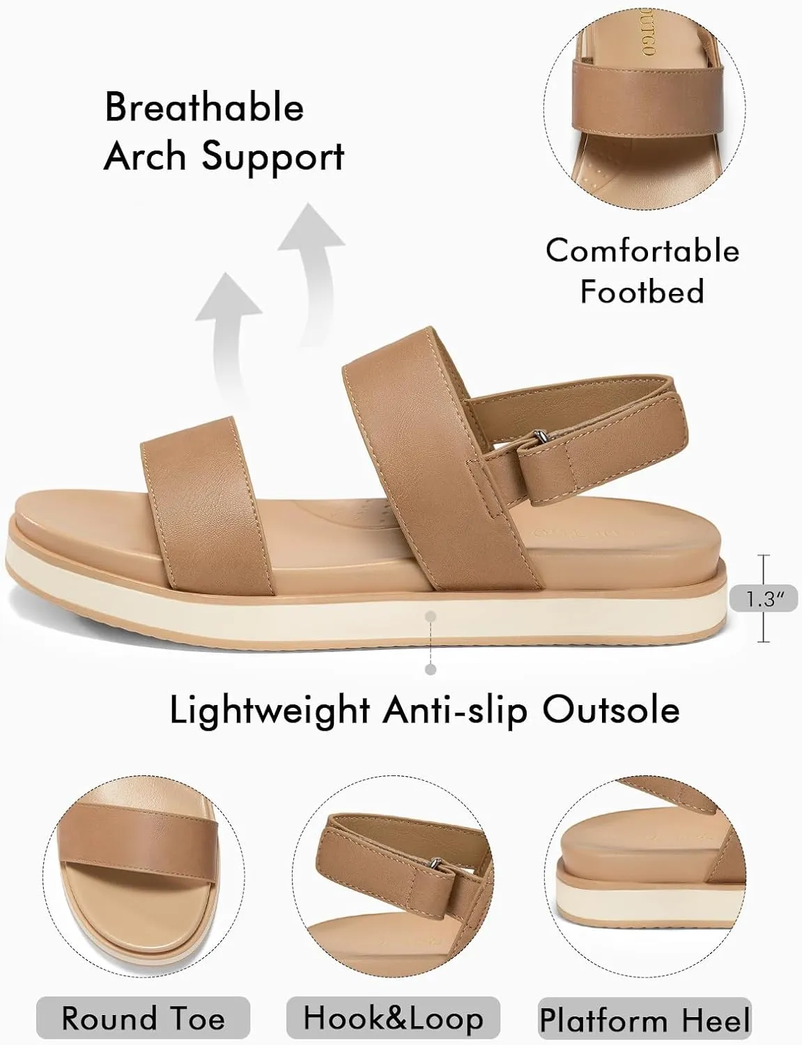 Coutgo Womens Flat Sandals Comfortable Arch Support Adjustable Double Strap Lightweight Summer Platform Sandals