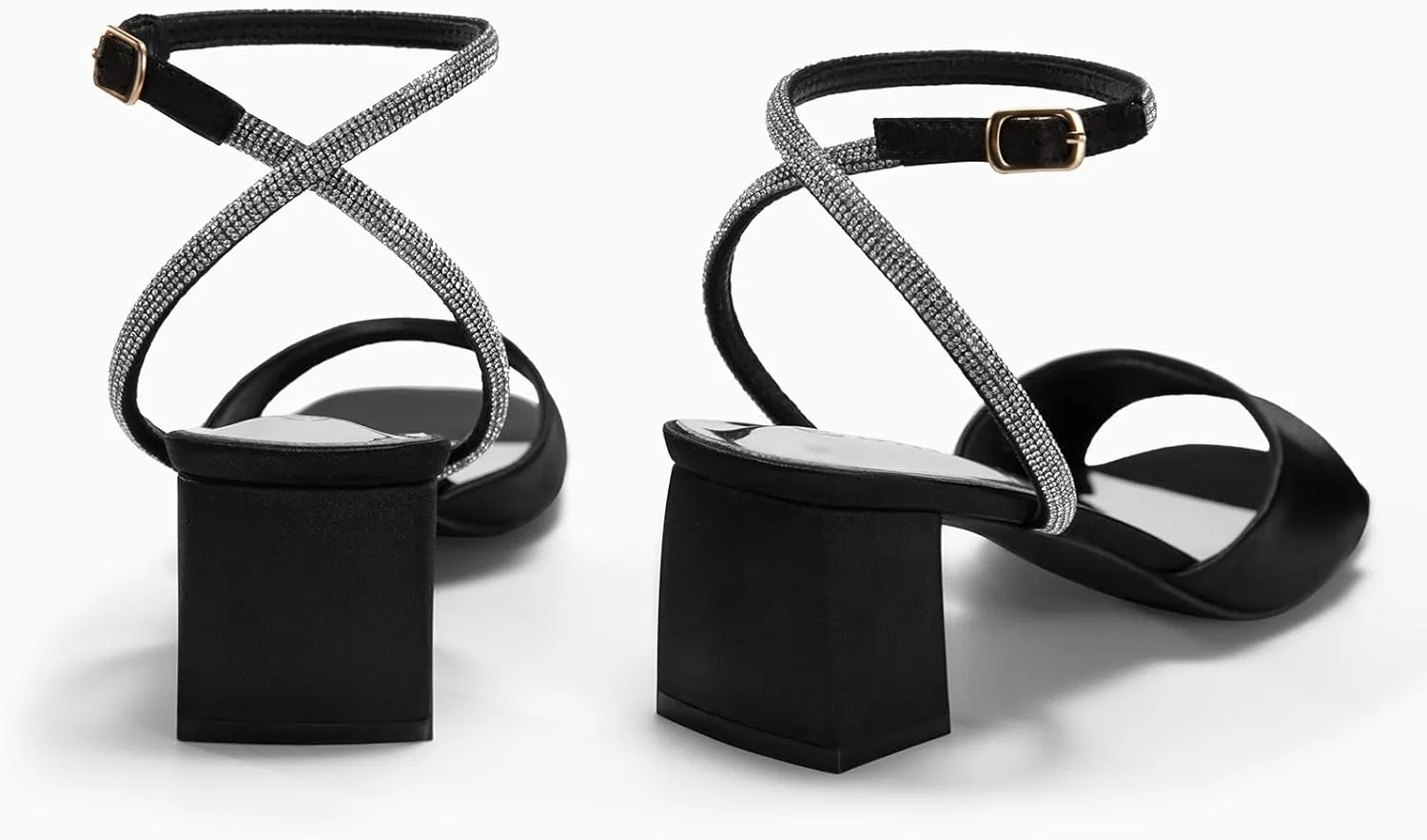 Coutgo Womens Heeled Sandals Rhinestone Chunky Low Heels Satin Square Toe One Strap Ankle Buckle Dress Shoes