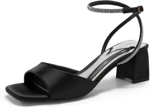 Coutgo Womens Heeled Sandals Rhinestone Chunky Low Heels Satin Square Toe One Strap Ankle Buckle Dress Shoes