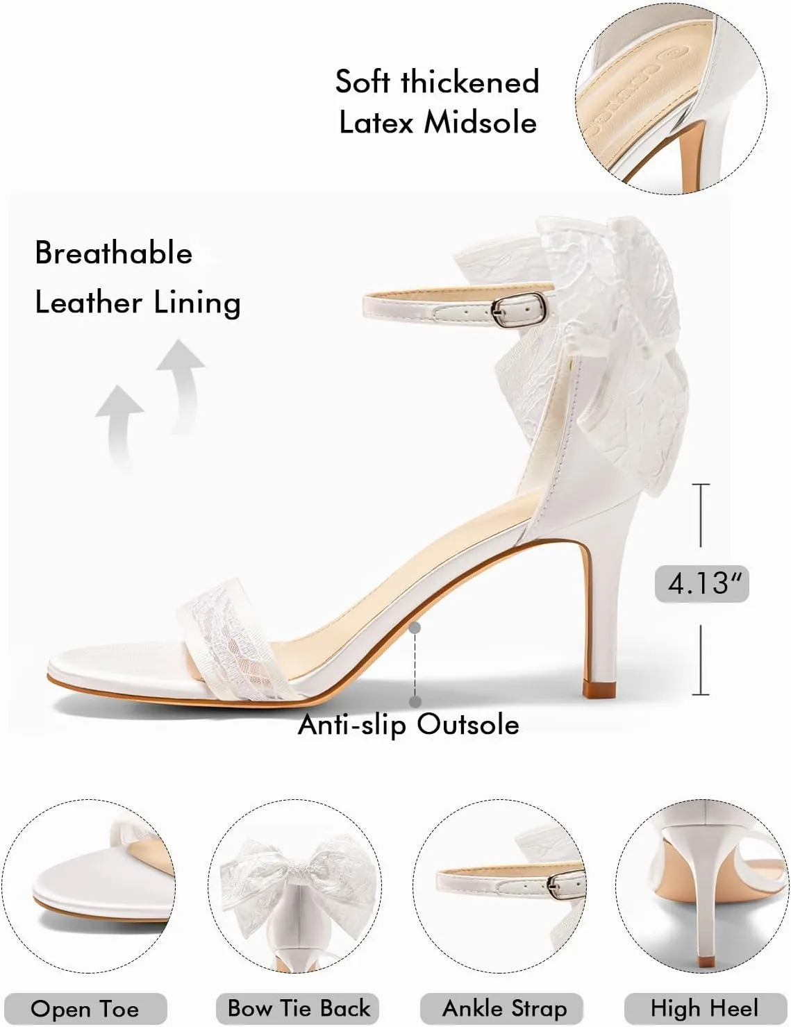 Coutgo Womens High Heels Sandals Lace Bow Tie Back Open Toe Ankle Strap Sexy Stiletto Wedding Party Dress Shoes