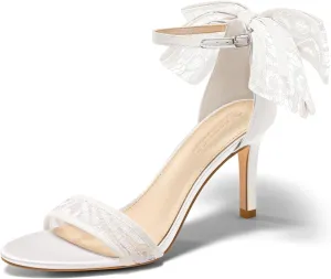 Coutgo Womens High Heels Sandals Lace Bow Tie Back Open Toe Ankle Strap Sexy Stiletto Wedding Party Dress Shoes