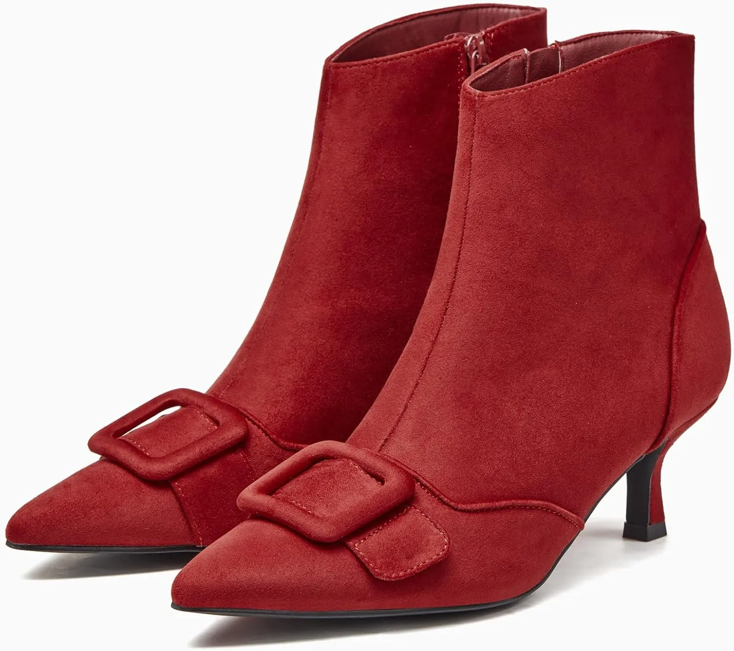 Coutgo Women's Kitten Heel Ankle Boots Pointed Toe Side Zipper Square Buckle Winter Booties