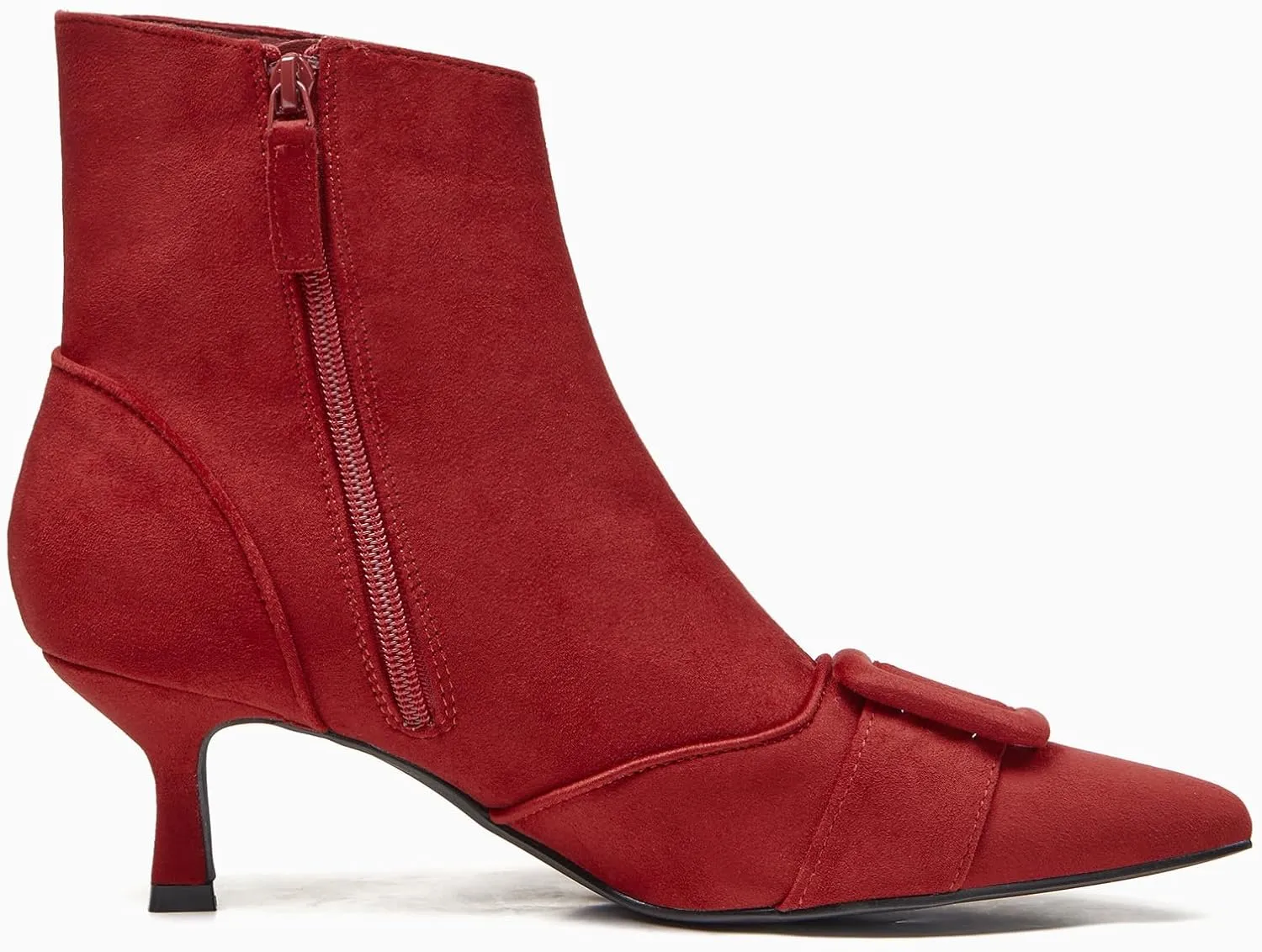 Coutgo Women's Kitten Heel Ankle Boots Pointed Toe Side Zipper Square Buckle Winter Booties