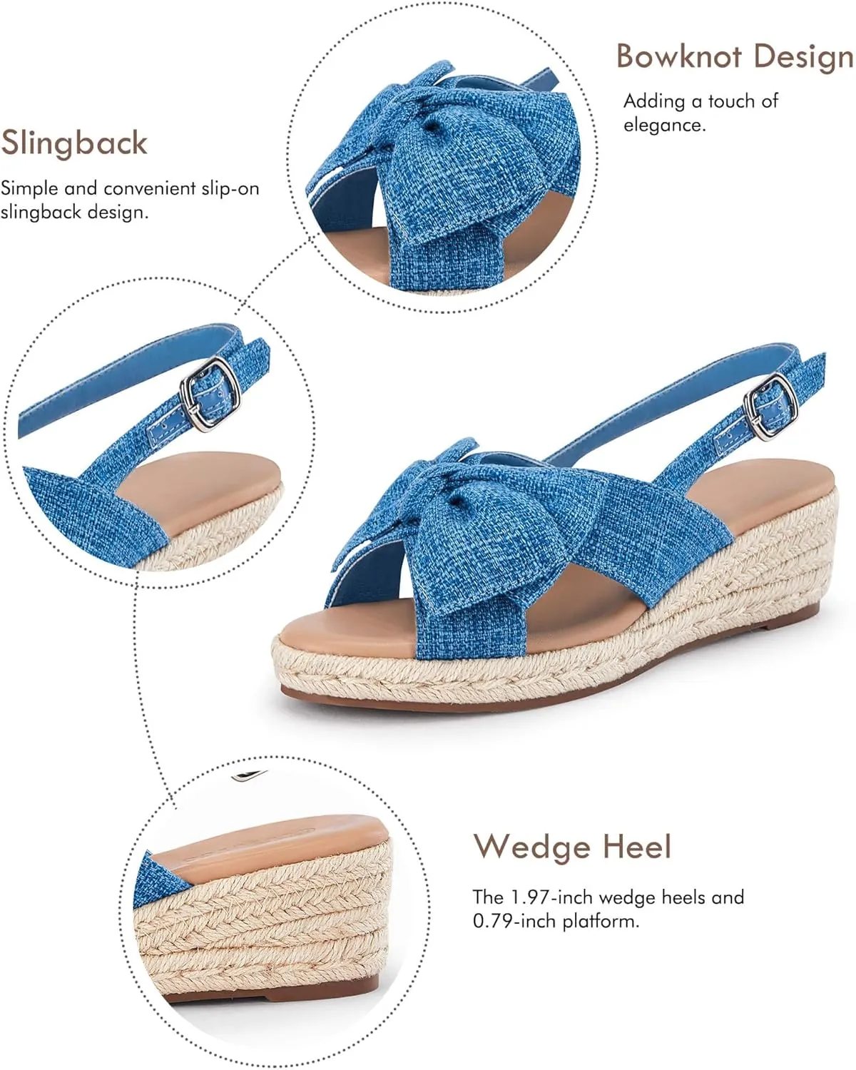 Coutgo Women's Platform Espadrille Wedge Sandals Slingback Bowknot Open Toe Casual Summer Dress Shoes