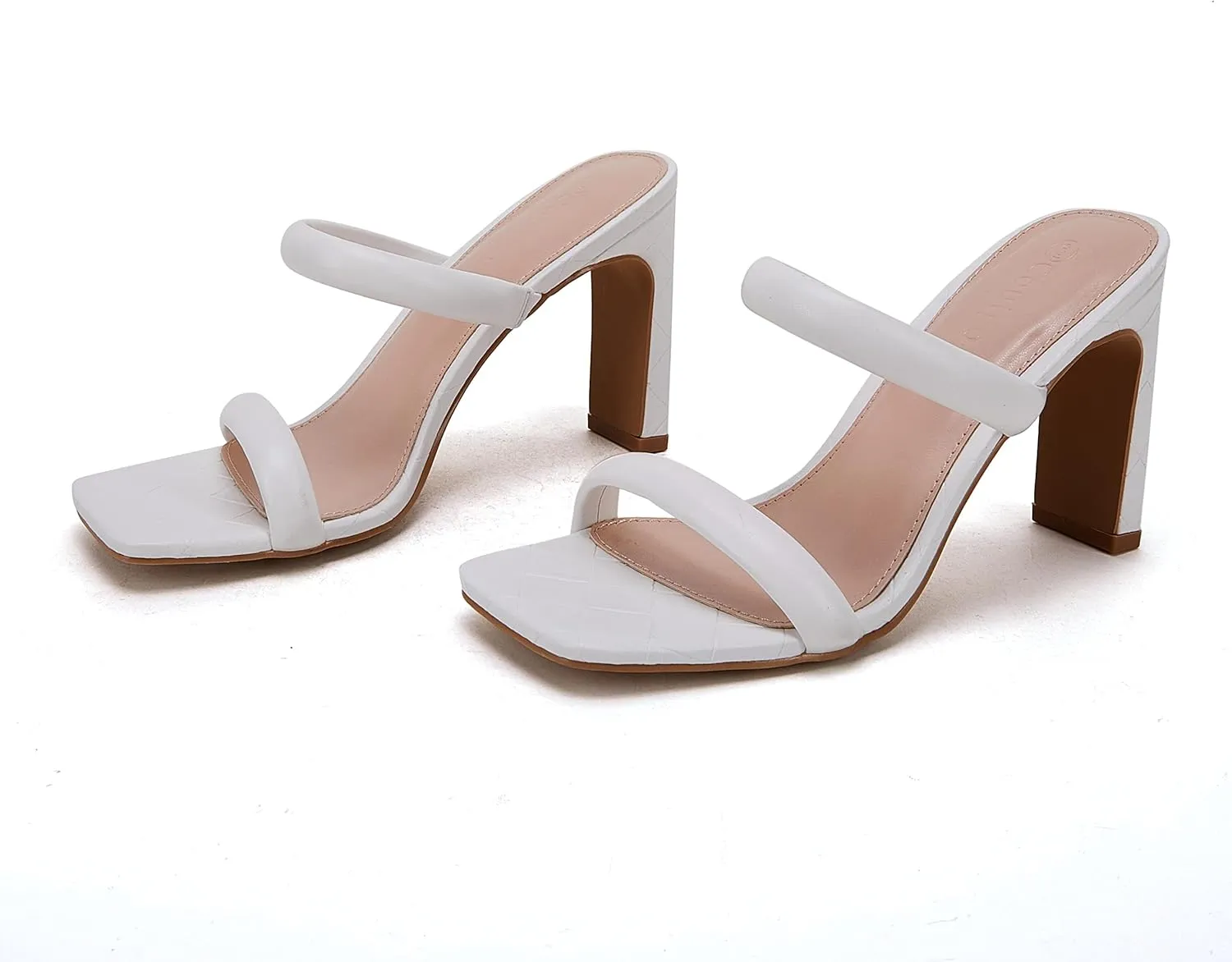 Coutgo Womens Square Open Toe Heeled Sandals Two Strap High Heel Backless Dress Slip On Mules