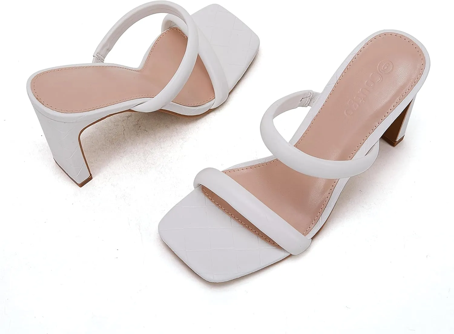 Coutgo Womens Square Open Toe Heeled Sandals Two Strap High Heel Backless Dress Slip On Mules