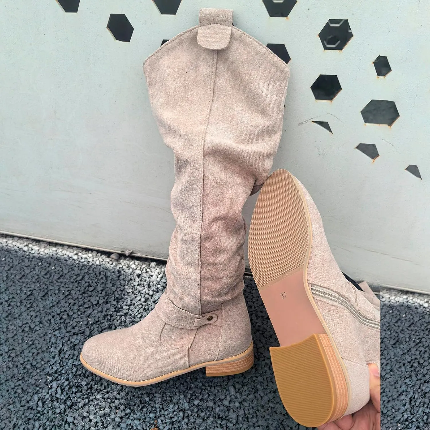 Cowboy Boots for Women Casual Mid Calf Flat Boots Pull on Round Toe Side Zip Cowgirl Fall and Winter Fashion Boots