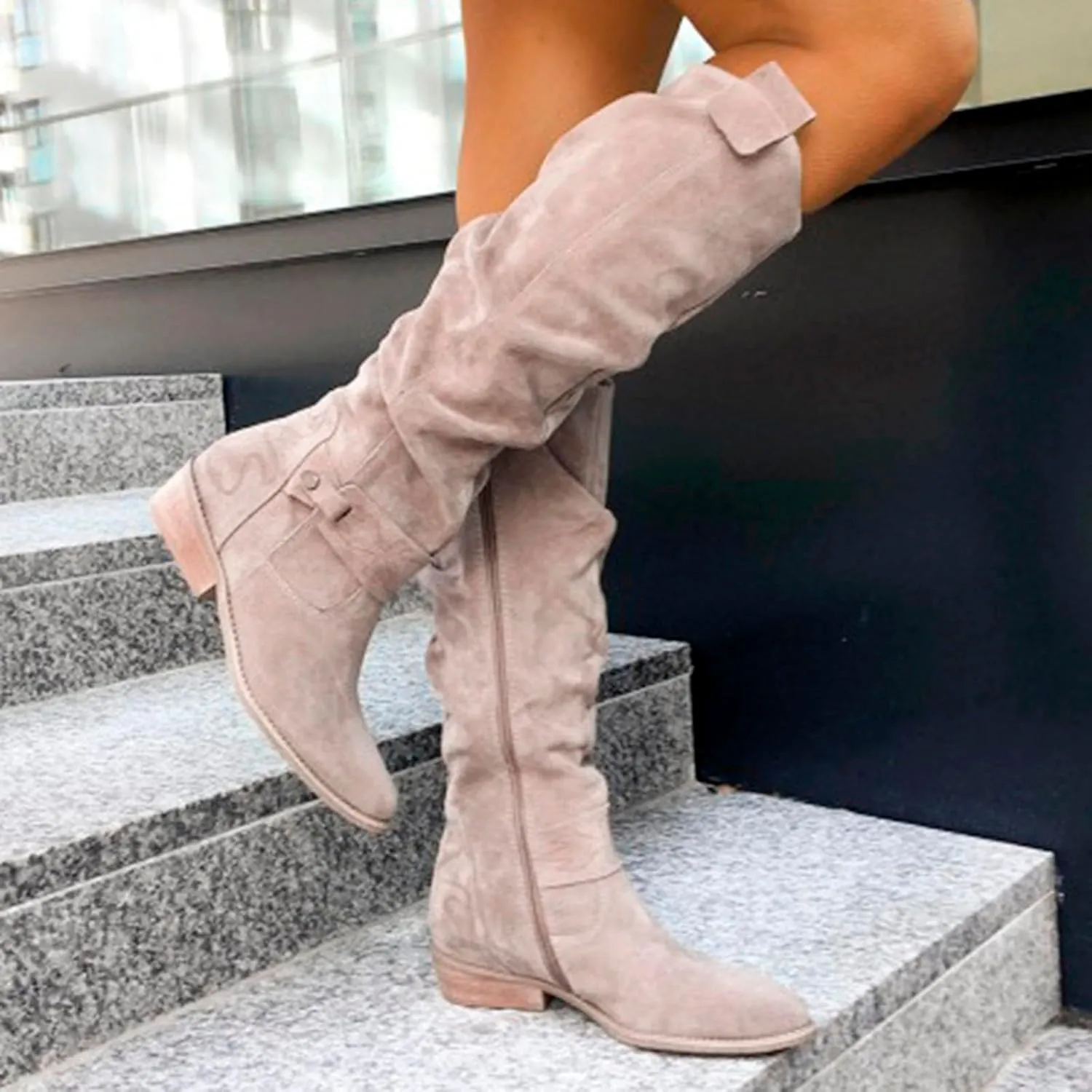 Cowboy Boots for Women Casual Mid Calf Flat Boots Pull on Round Toe Side Zip Cowgirl Fall and Winter Fashion Boots