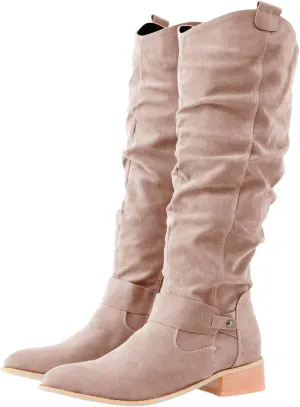 Cowboy Boots for Women Casual Mid Calf Flat Boots Pull on Round Toe Side Zip Cowgirl Fall and Winter Fashion Boots