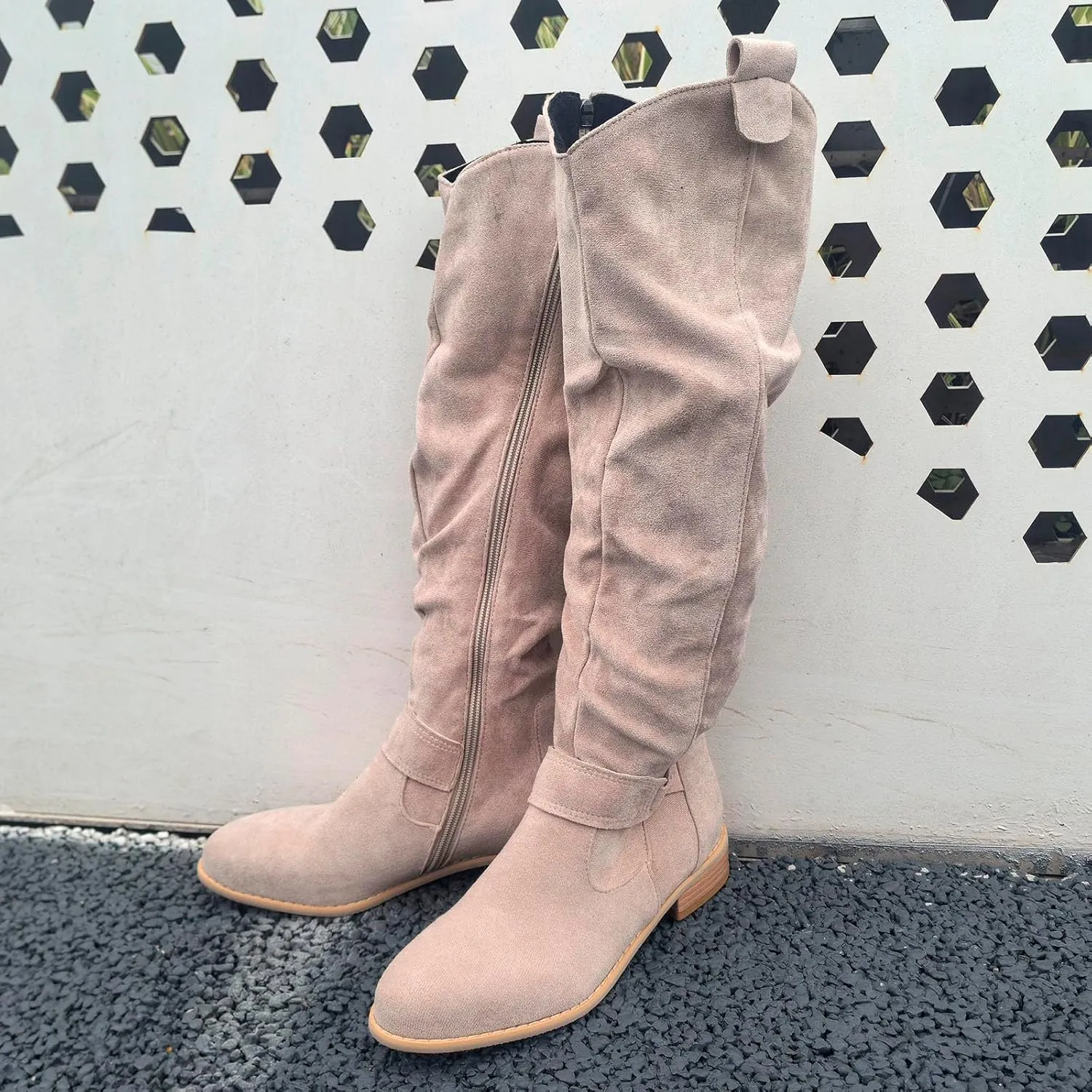 Cowboy Boots for Women Casual Mid Calf Flat Boots Pull on Round Toe Side Zip Cowgirl Fall and Winter Fashion Boots