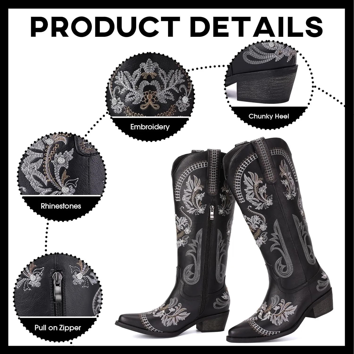 Cowboy Boots for Women - Wide Calf Knee High Cowgirl Boots, Glitter Sparkly Rhinestone Western Country Boots with Classic Embroidery, Pointed Toe Pull On Zipper Retro Boots
