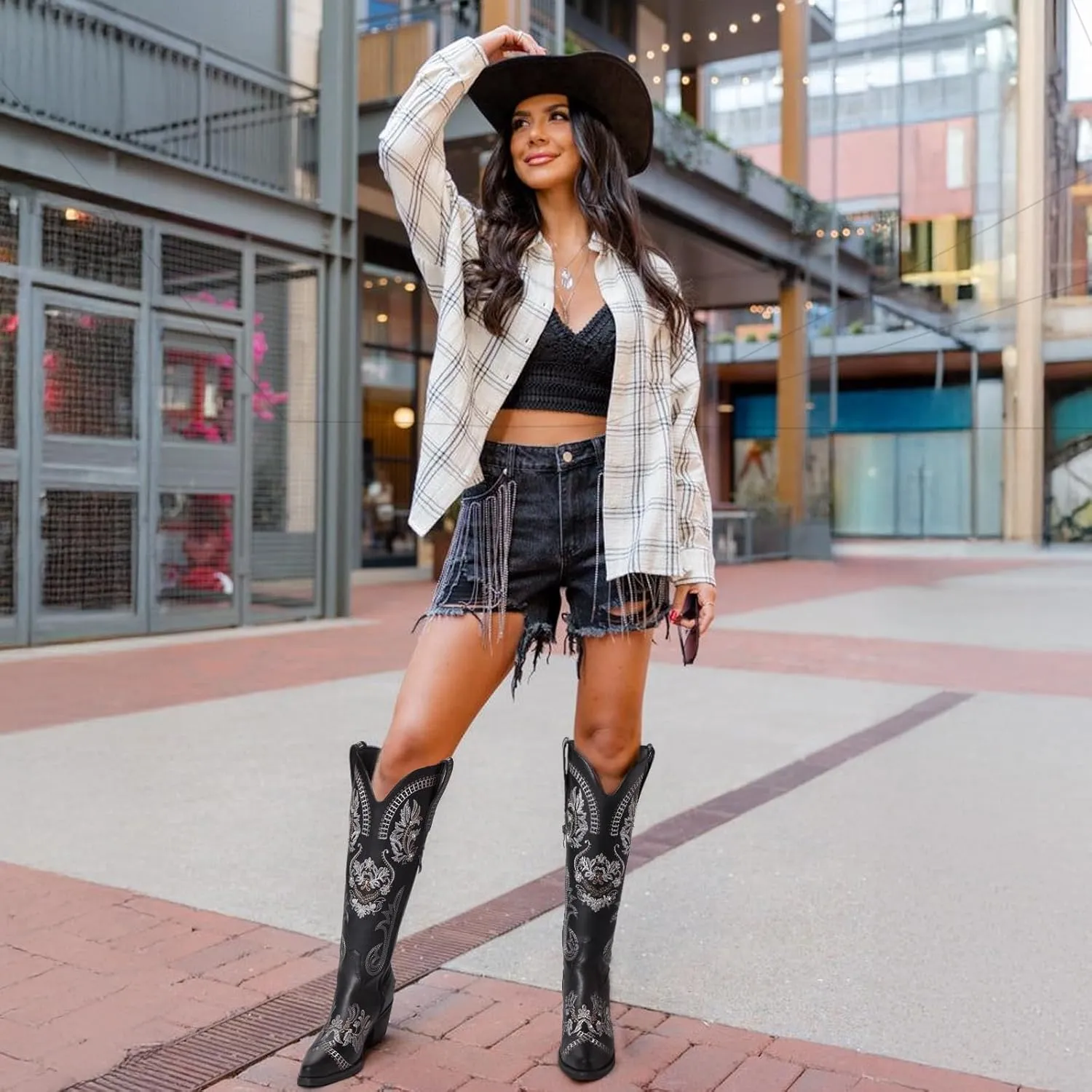 Cowboy Boots for Women - Wide Calf Knee High Cowgirl Boots, Glitter Sparkly Rhinestone Western Country Boots with Classic Embroidery, Pointed Toe Pull On Zipper Retro Boots