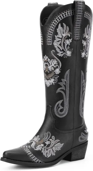Cowboy Boots for Women - Wide Calf Knee High Cowgirl Boots, Glitter Sparkly Rhinestone Western Country Boots with Classic Embroidery, Pointed Toe Pull On Zipper Retro Boots