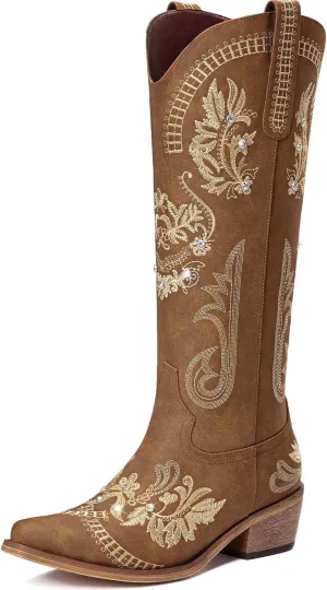 Cowboy Boots for Women - Wide Calf Knee High Cowgirl Boots, Glitter Sparkly Rhinestone Western Country Boots with Classic Embroidery, Pointed Toe Pull On Zipper Retro Boots