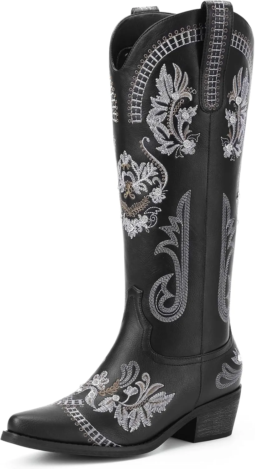 Cowboy Boots for Women - Wide Calf Knee High Cowgirl Boots, Glitter Sparkly Rhinestone Western Country Boots with Classic Embroidery, Pointed Toe Pull On Zipper Retro Boots