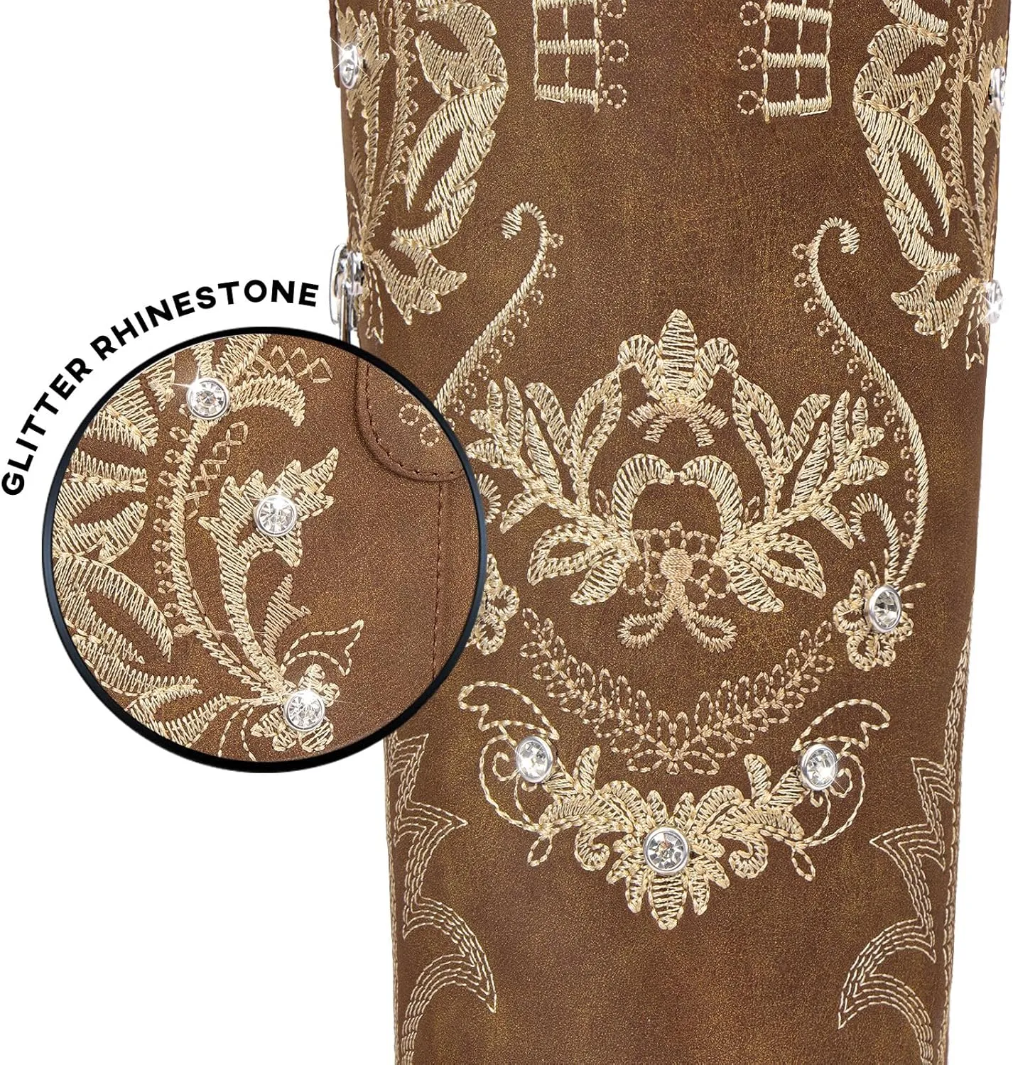 Cowboy Boots for Women - Wide Calf Knee High Cowgirl Boots, Glitter Sparkly Rhinestone Western Country Boots with Classic Embroidery, Pointed Toe Pull On Zipper Retro Boots