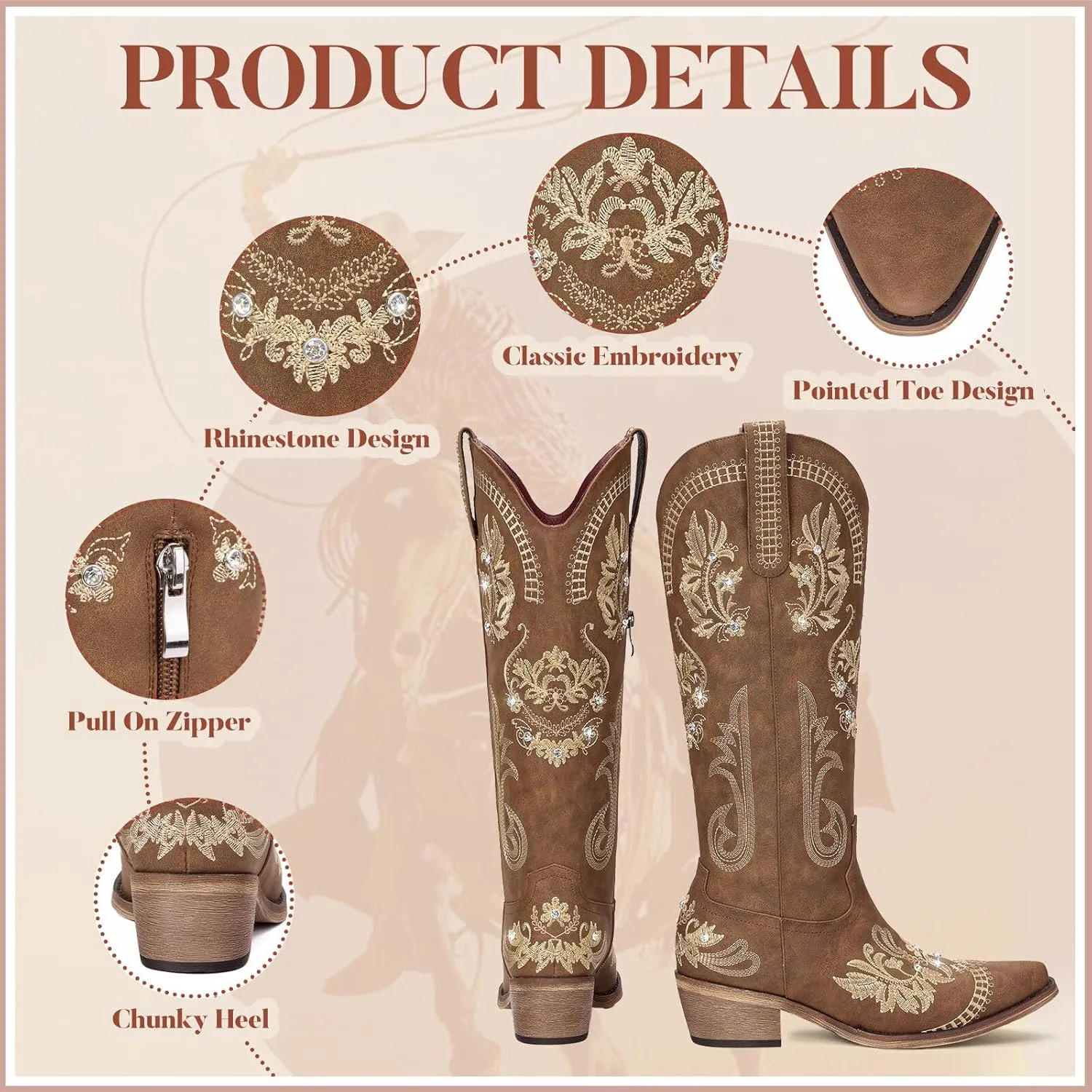 Cowboy Boots for Women - Wide Calf Knee High Cowgirl Boots, Glitter Sparkly Rhinestone Western Country Boots with Classic Embroidery, Pointed Toe Pull On Zipper Retro Boots
