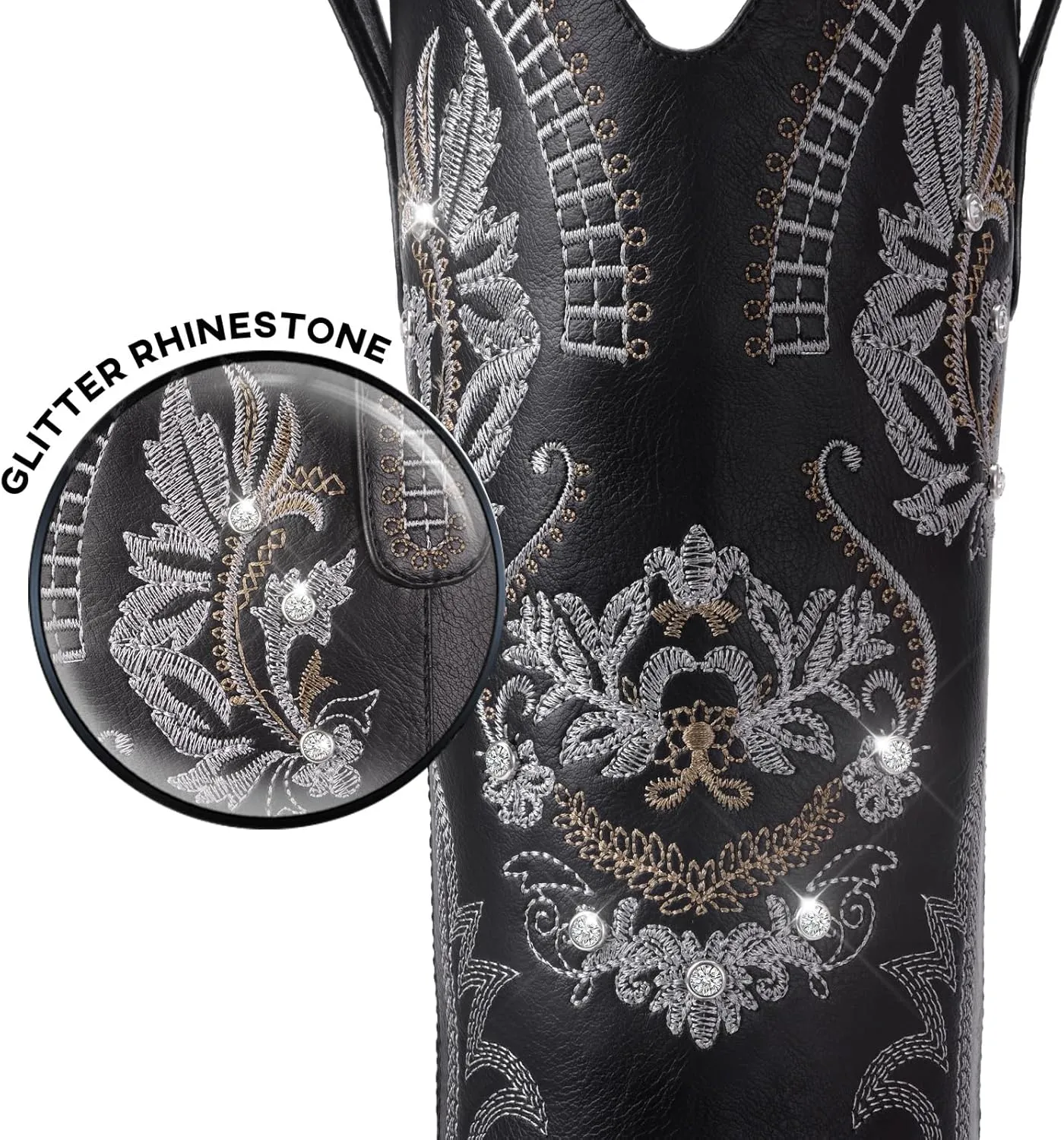 Cowboy Boots for Women - Wide Calf Knee High Cowgirl Boots, Glitter Sparkly Rhinestone Western Country Boots with Classic Embroidery, Pointed Toe Pull On Zipper Retro Boots
